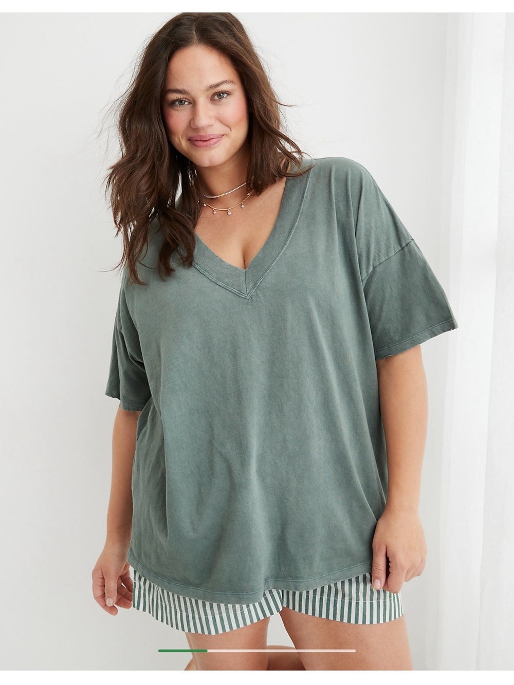 Aerie Boyfriend Distressed V-Neck Tee T-shirt Washed Sage V-Neck Relaxed